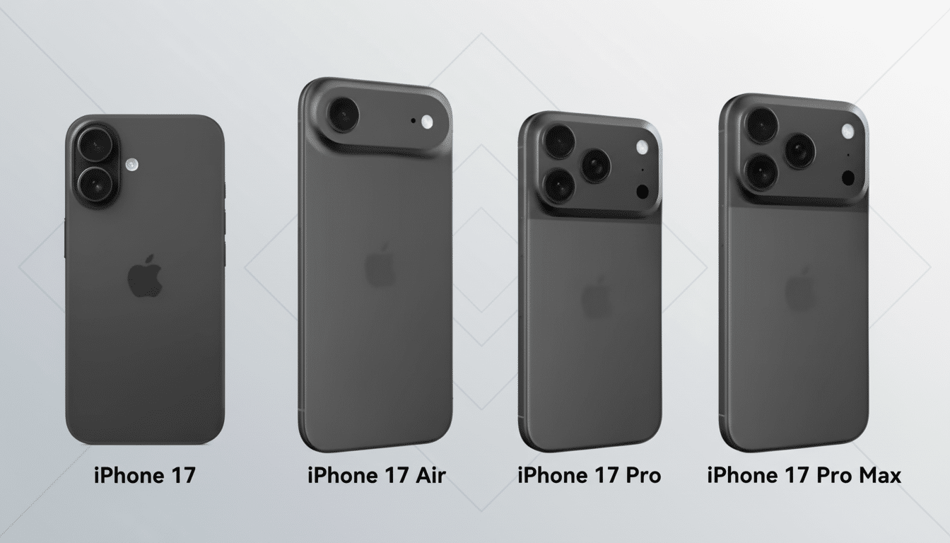 Four dark gray iPhone 17 models are arranged in a row against a professional flat design background with soft patterns. From left to right, the models