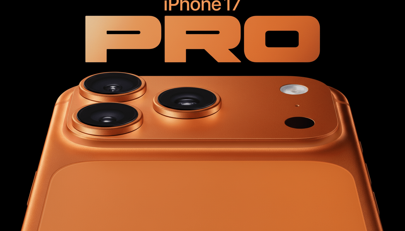 An enhanced, professional image of an orange iPhone 1 7 Pro, resized to a 16: 9 aspect ratio, showing its triple camera system on a black background.