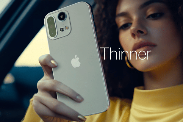 A woman in a yellow shirt holding a silver smartphone with the text Thinner on the screen.