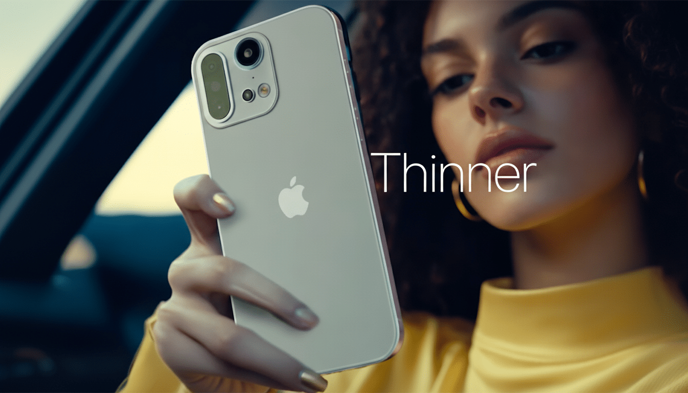 A woman in a yellow shirt holding a silver smartphone with the text Thinner on the screen.