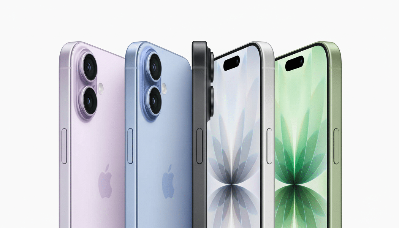 Four iPhones in various colors ( purple, blue, black, and green ) are displayed closely together on a white background, showcasing their side profiles