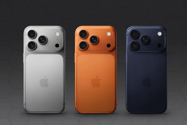 Three smartphones, silver, orange, and blue, are displayed on a professional flat background with soft patterns.