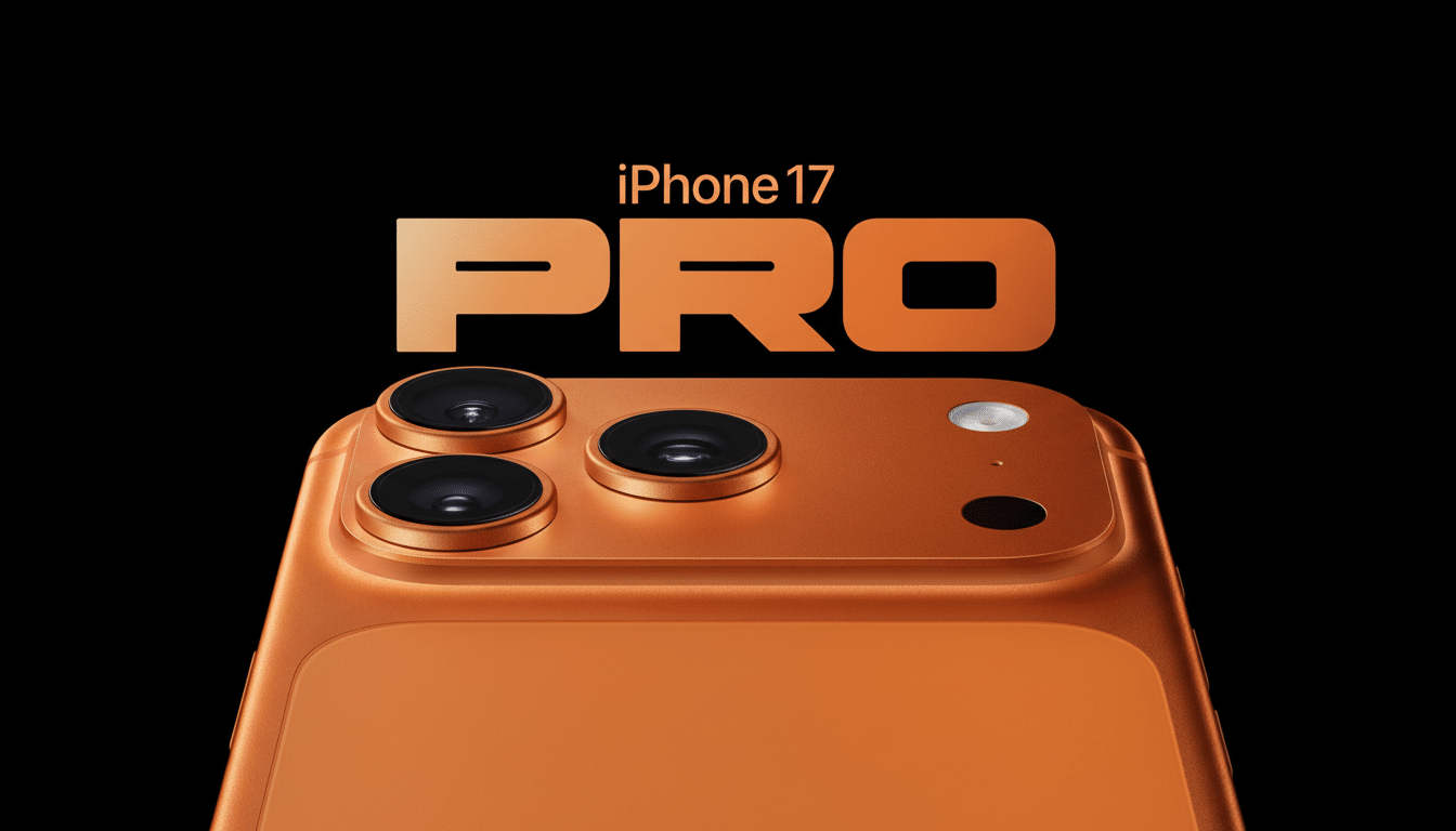 A professional close -up of an orange iPhone 1 7 Pro with three camera lenses, the text iPhone 1 7 PRO displayed above.
