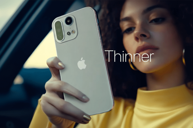 A woman in a yellow shirt holding a silver smartphone with an Apple logo, featuring large camera lenses . The word Thinner is visible on the screen.