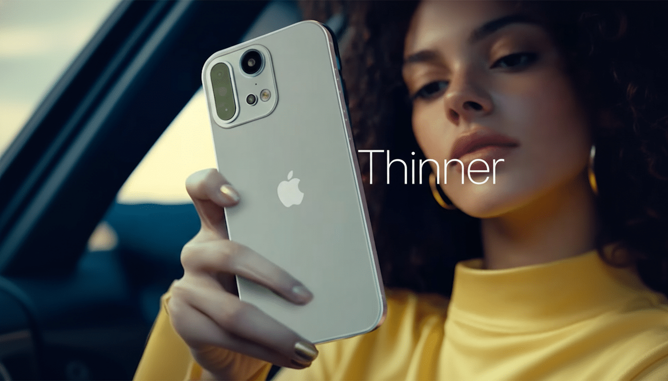 A woman in a yellow shirt holding a silver smartphone with an Apple logo, featuring large camera lenses . The word Thinner is visible on the screen.