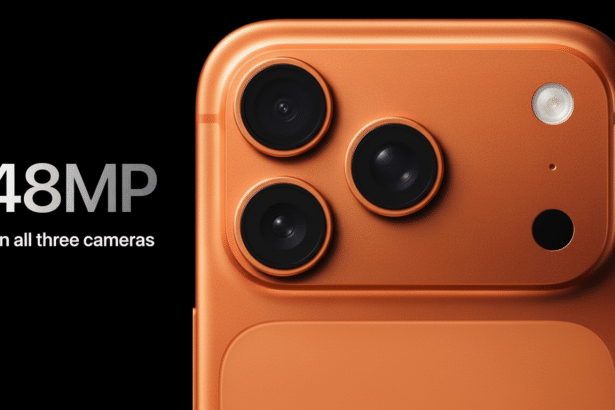 Close -up of an orange smartphone' s triple camera system with a flash and other sensors, against a black background. White text on the left states 48MP On all three cameras .