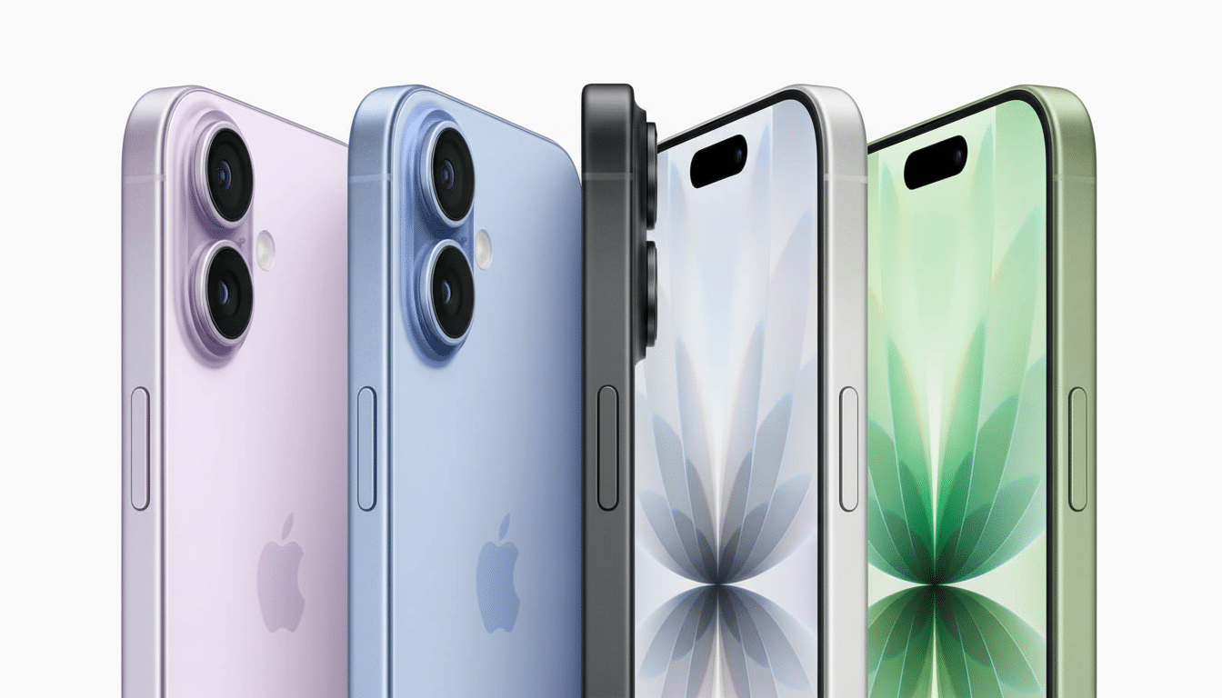 A professional shot of four iPhones in different colors ( purple, blue, black, and green) with their screens displaying a floral pattern, set against