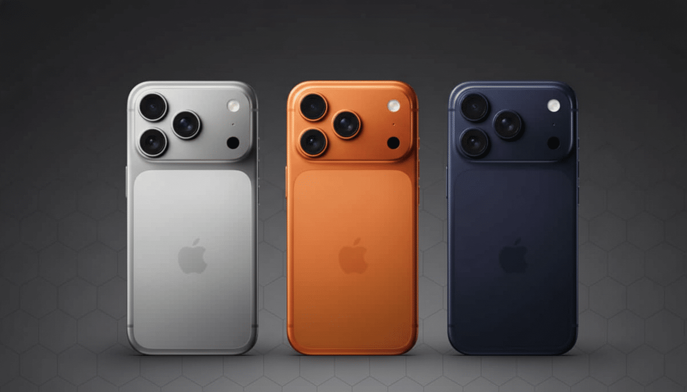Three smartphones, silver, orange, and blue, with four camera lenses each, standing vertically on a dark gray surface with a subtle honeycomb pattern