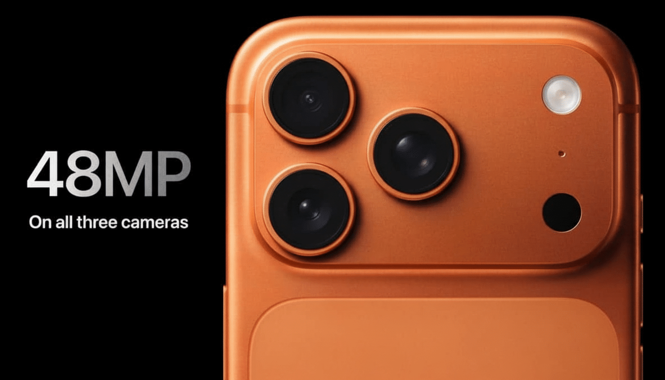 Close -up of an orange smartphone s triple camera setup, with 48MP On all three cameras text on a black background.
