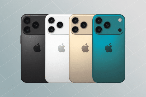 Four smartphone devices in black, white, gold, and teal colors , arranged in a row, with a clean gray background featuring subtle geometric patterns. Filename : foursmart phones16 9. png