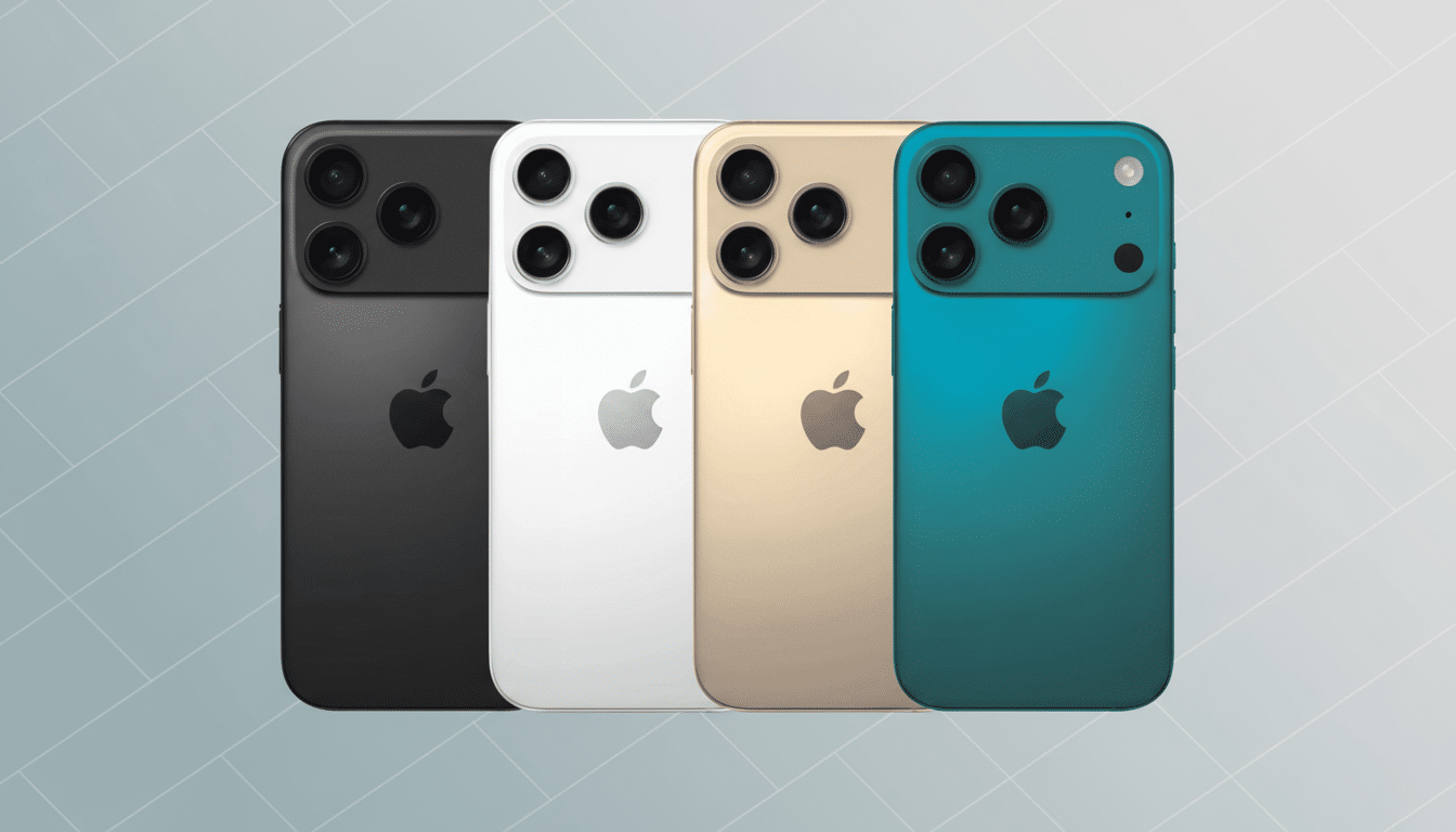Four smartphone devices in black, white, gold, and teal colors , arranged in a row, with a clean gray background featuring subtle geometric patterns. Filename : foursmart phones16 9. png