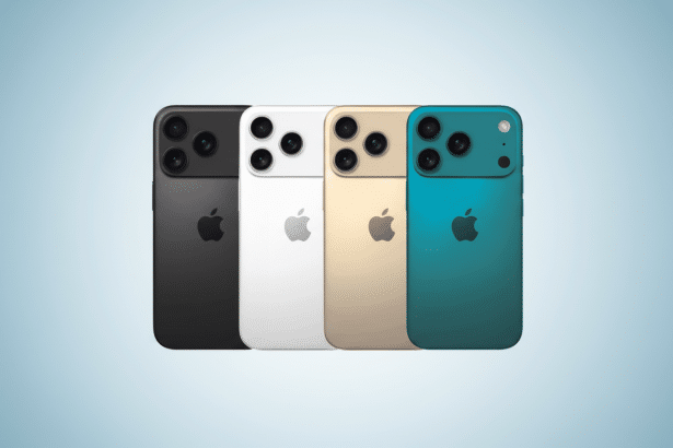 Four iPhones in black, white, gold, and teal , arranged in a row against a soft blue gradient background.