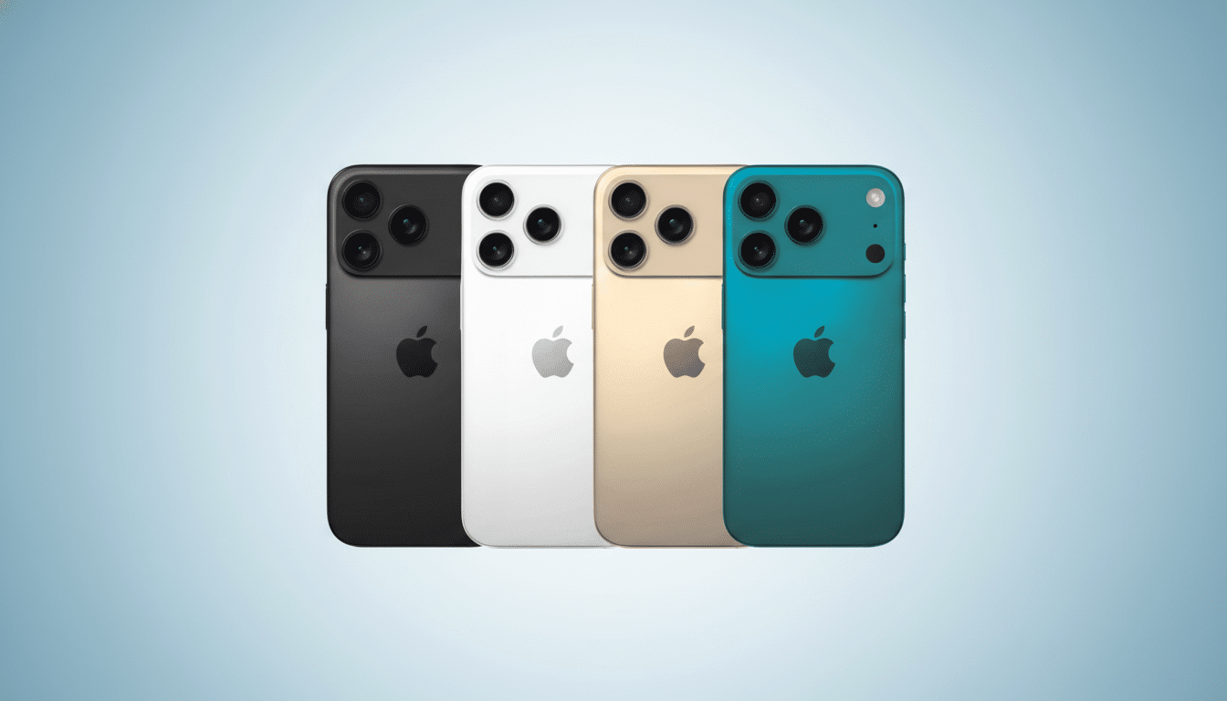 Four iPhones in black, white, gold, and teal , arranged in a row against a soft blue gradient background.