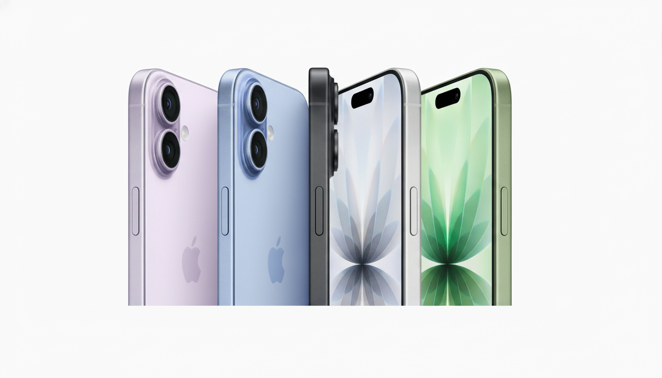 Four iPhones in various colors ( purple, blue, gray, and green ) are displayed side-by- side on a clean white background, showcasing their designs and camera systems .