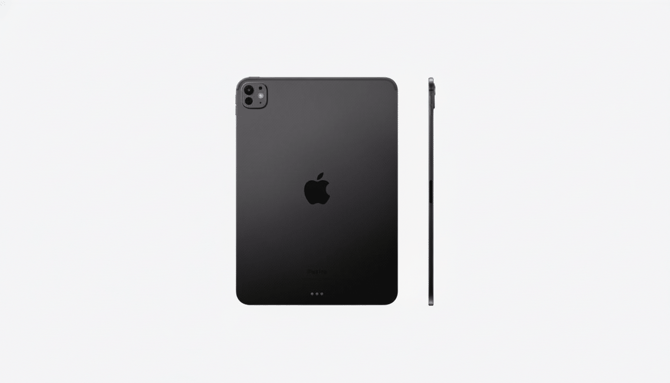Dark gray iPad Pro, seen from the back and side, on a minimalist light gray background.