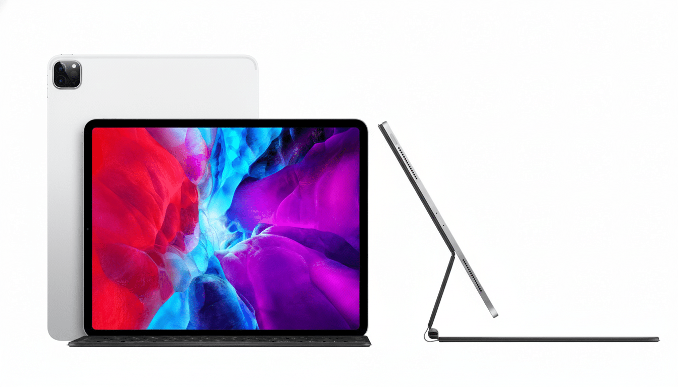 An iPad Pro with a colorful abstract wallpaper shown from three angles: front with Magic Keyboard, back, and side view on the Magic Keyboard.