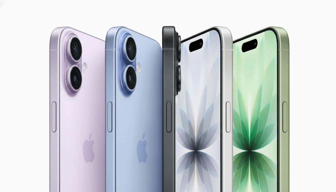Four iPhone devices in different colors ( lav ender, blue, black, and green ) are displayed side-by- side with their screens showing a floral - like w