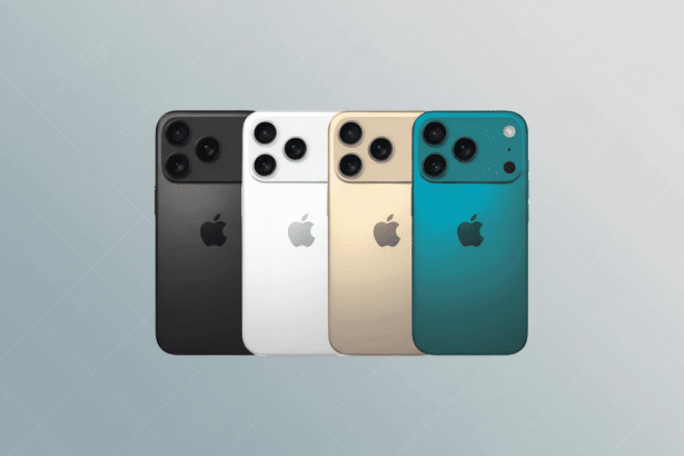 Alt Text: Four iPhone models in black, white, gold, and teal colors, arranged in a row, with a