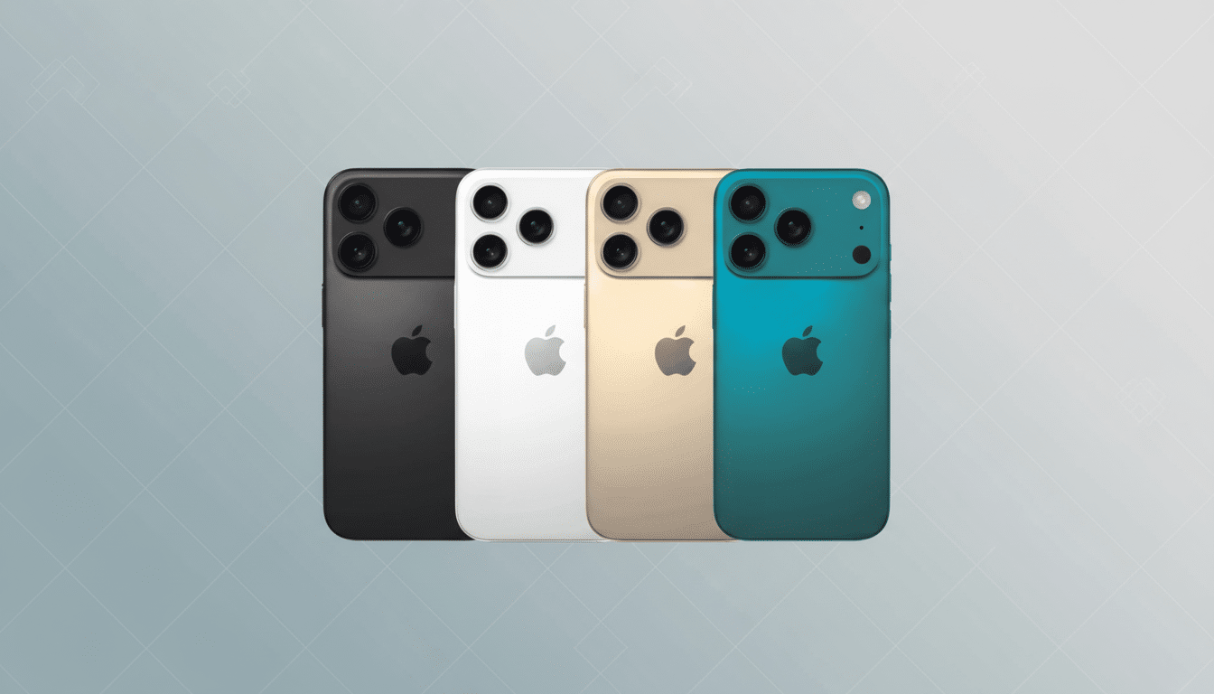 Alt Text: Four iPhone models in black, white, gold, and teal colors, arranged in a row, with a