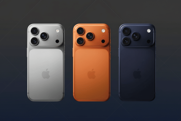 Three smartphones, silver, orange, and blue, are displayed on a professional dark background with subtle patterns, resized to a 16: 9 aspect ratio.