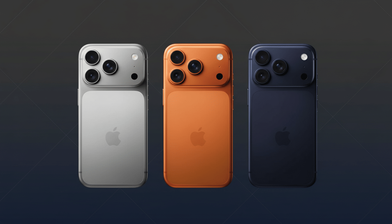 Three smartphones, silver, orange, and blue, are displayed on a professional dark background with subtle patterns, resized to a 16: 9 aspect ratio.