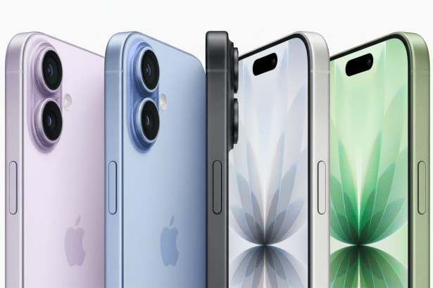 alt text: A row of four iPhones in different colors ( purple, blue, black, and green) with their s