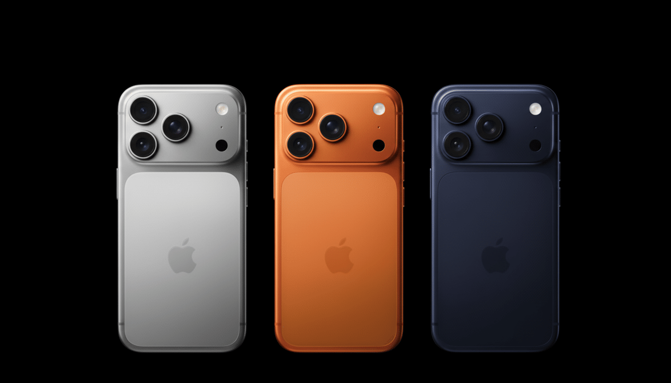 Three smartphones, silver, orange, and blue, are displayed on a black background, showcasing their rear cameras and Apple logos.