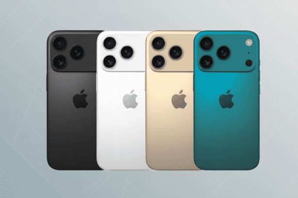 Four Apple iPhone 15 models in black, white, gold, and teal colors, arranged in a row against a professional gray background with soft patterns, maint