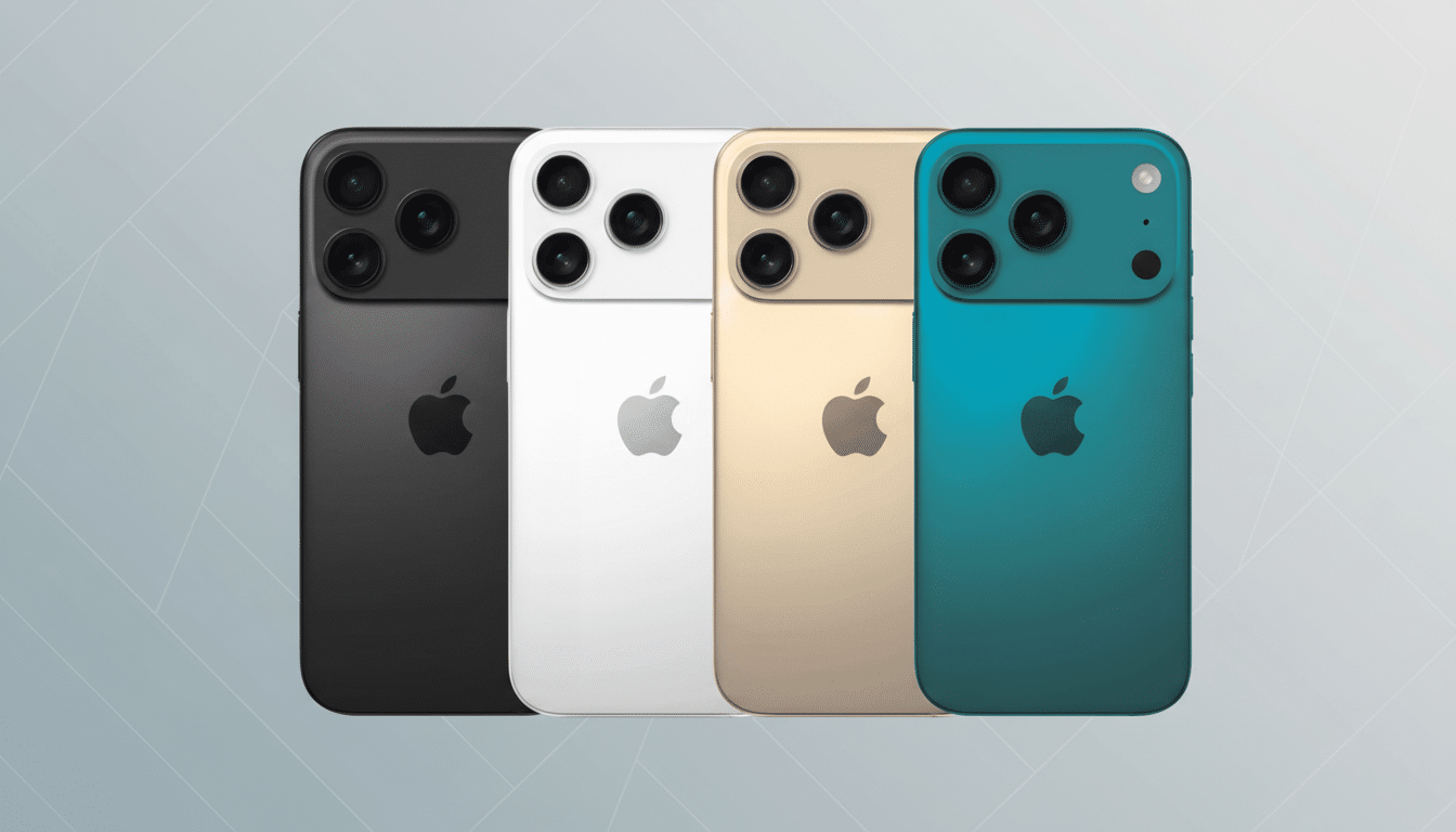 Four Apple iPhone 15 models in black, white, gold, and teal colors, arranged in a row against a professional gray background with soft patterns, maint