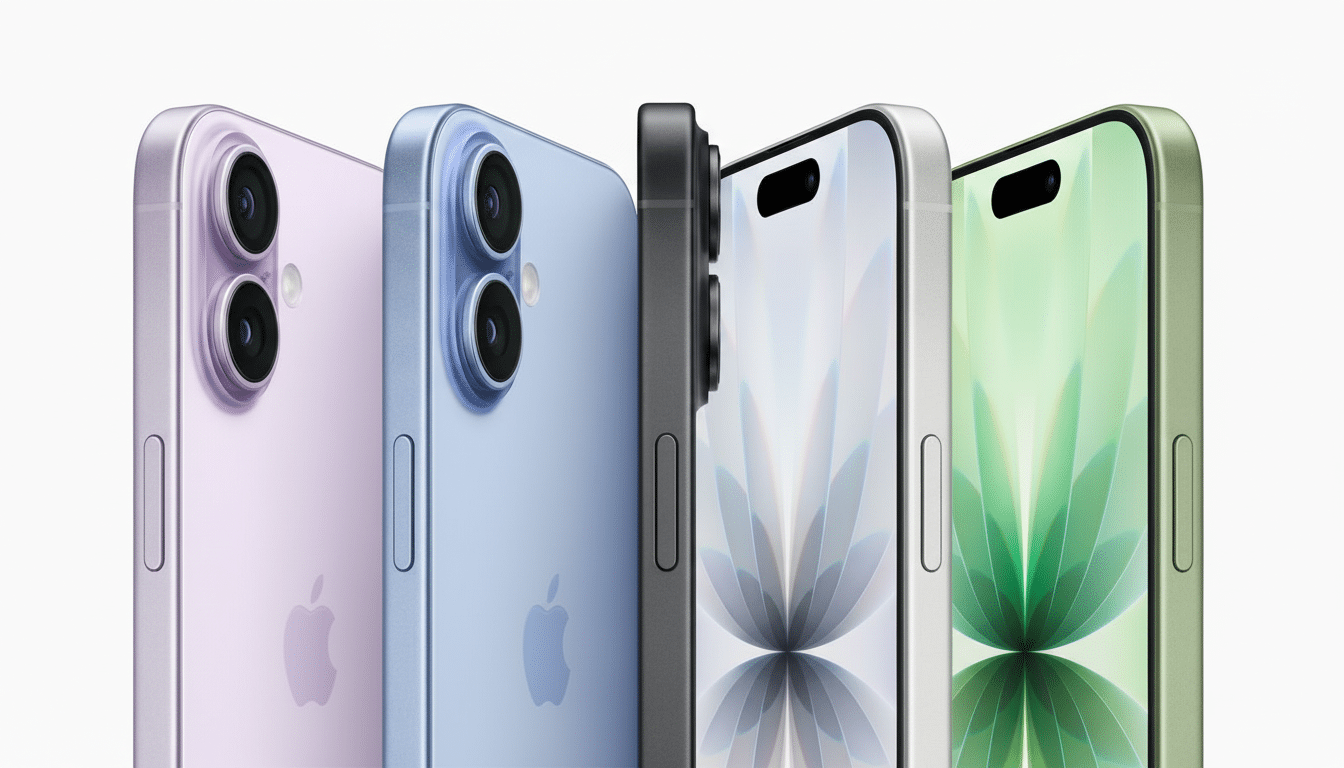 Four iPhones in various colors ( purple, blue, gray, and green ) standing upright in a row, with their screens and backs partially visible.