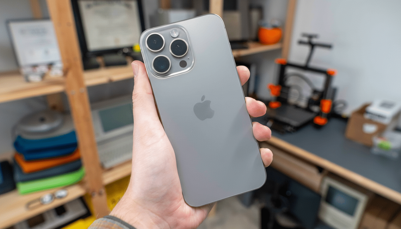A hand holds a silver iPhone 13 Pro in a workshop setting, showcasing its triple -camera system and matte finish.