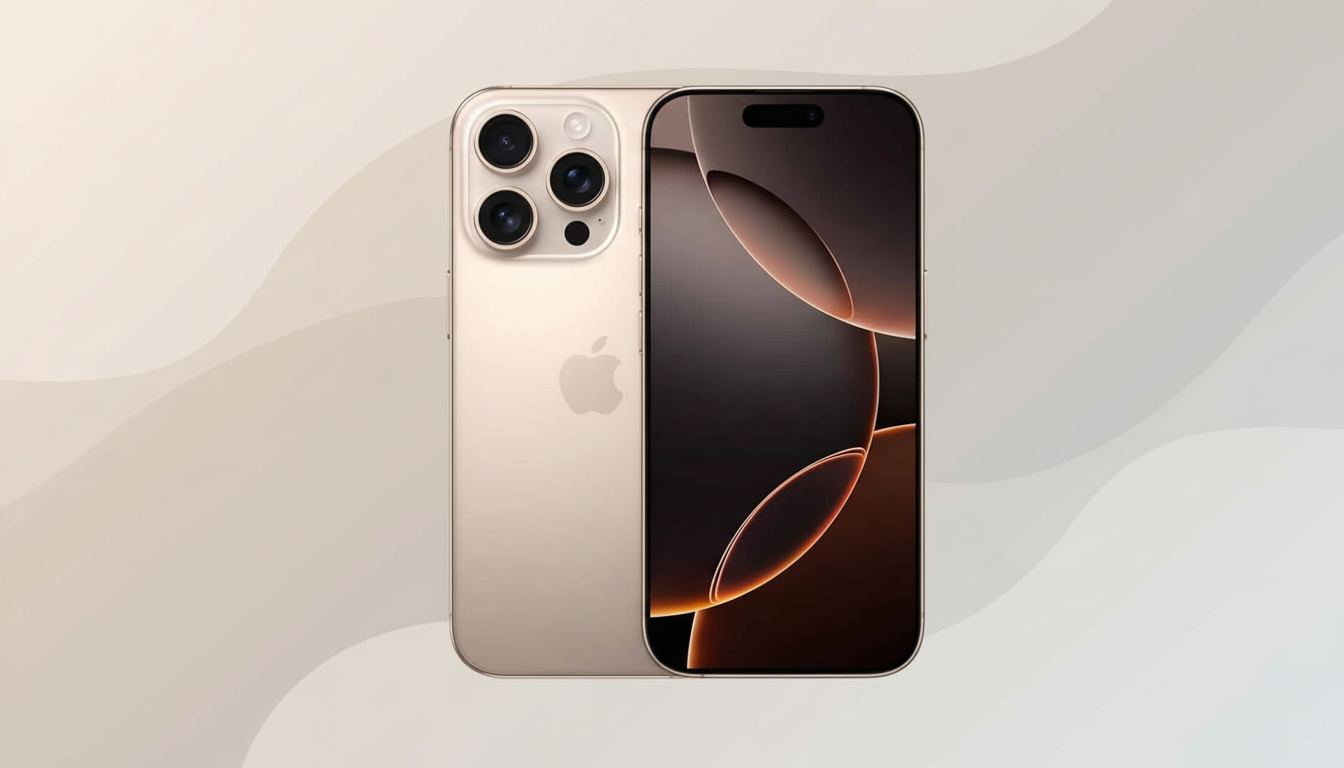 s an image of a gold iPhone 1 4 Pro Max from the back, with a second iPhone 14 Pro Max displaying a