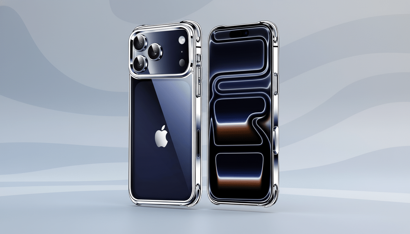 Two iPhone 15 Pro Max devices in clear, silver -edged cases are displayed against a soft, light gray background with subtle wavy patterns. The left phone shows its dark blue back with the Apple logo, while the right phone shows its dynamic island screen with glowing abstract shapes. Filename : iphone1 5pro maxclear case.png