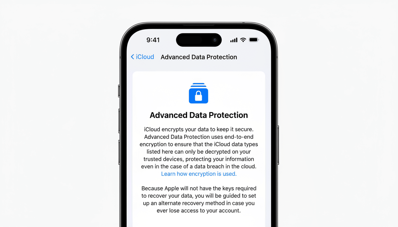 A close -up shot of an iPhone screen displaying the Advanced Data Protection feature for iCloud, emphasizing enhanced security and encryption .