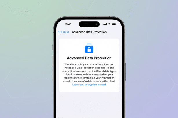 An iPhone displaying the Advanced Data Protection screen with a professional , soft gradient background. Filename : iphone advanceddata protection.png