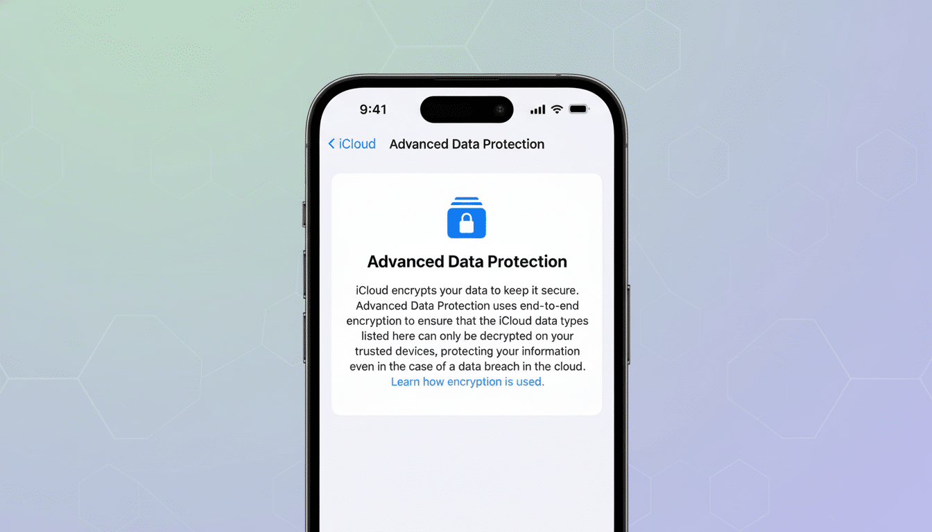 An iPhone displaying the Advanced Data Protection screen with a professional , soft gradient background. Filename : iphone advanceddata protection.png