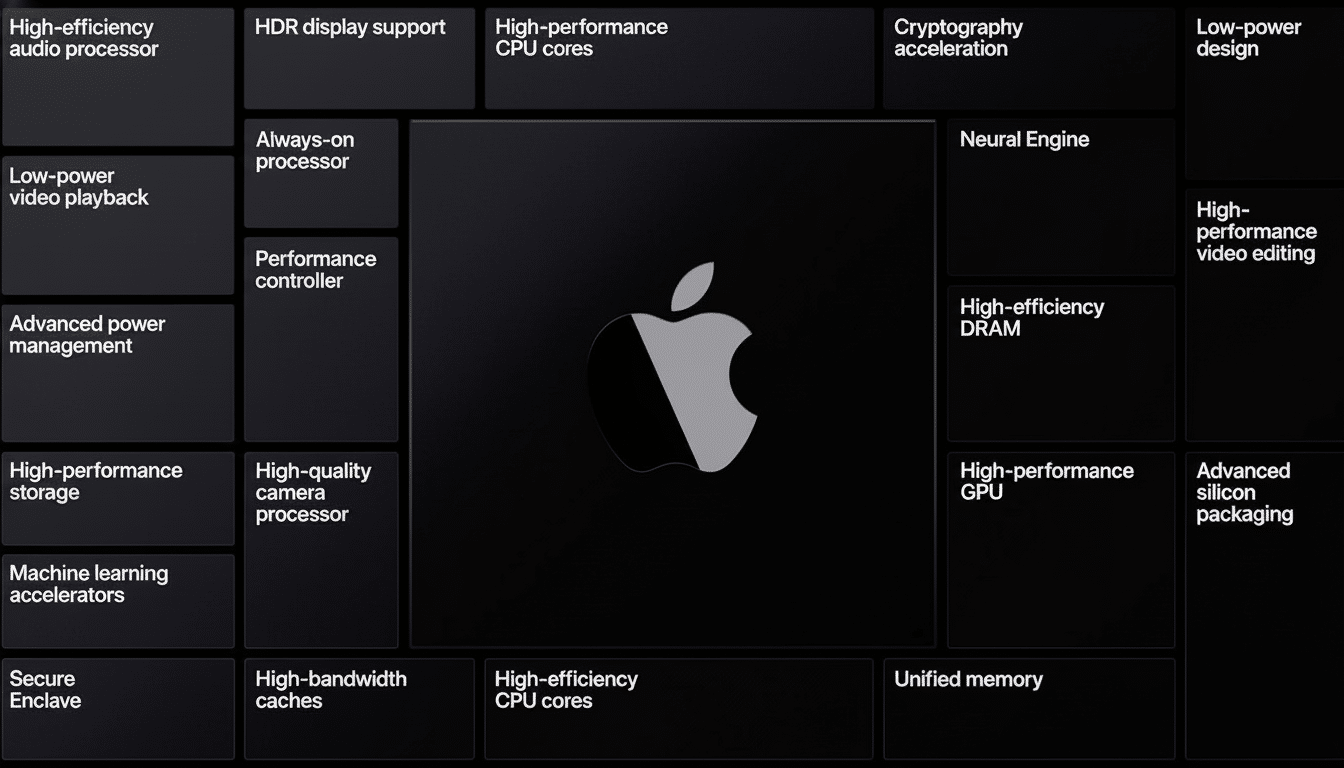 An image showing various features of Apple silicon on a black background, with the Apple logo prominently in the center. Features listed include high-