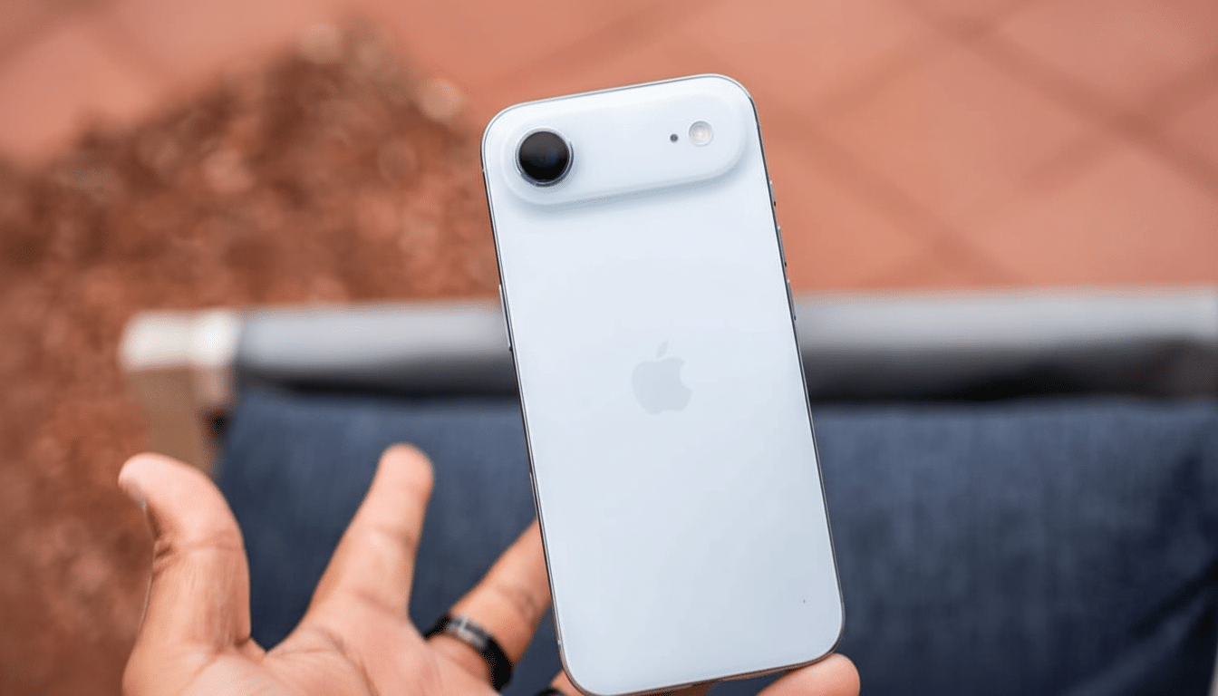 Close -up of a hand holding a white iPhone, showing the back of the phone with the camera and Apple logo.