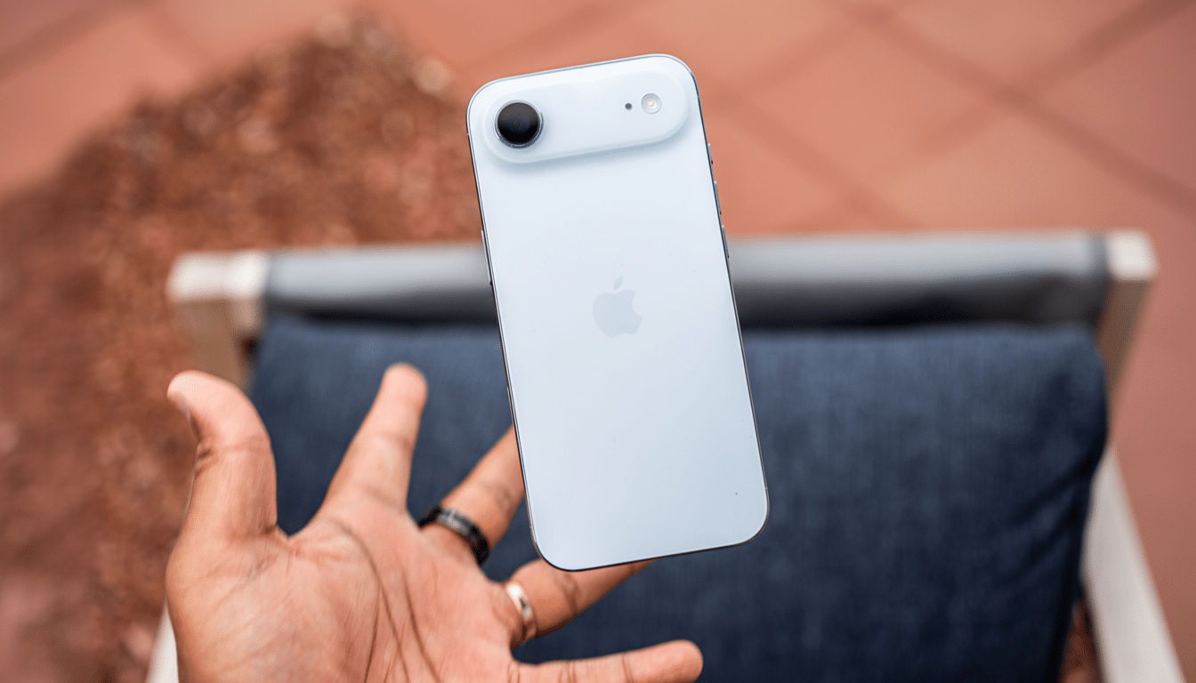 A hand holding a light blue iPhone in an outdoor setting with a tiled ground and a lounge chair in the background, resized to 16: 9 aspect ratio.