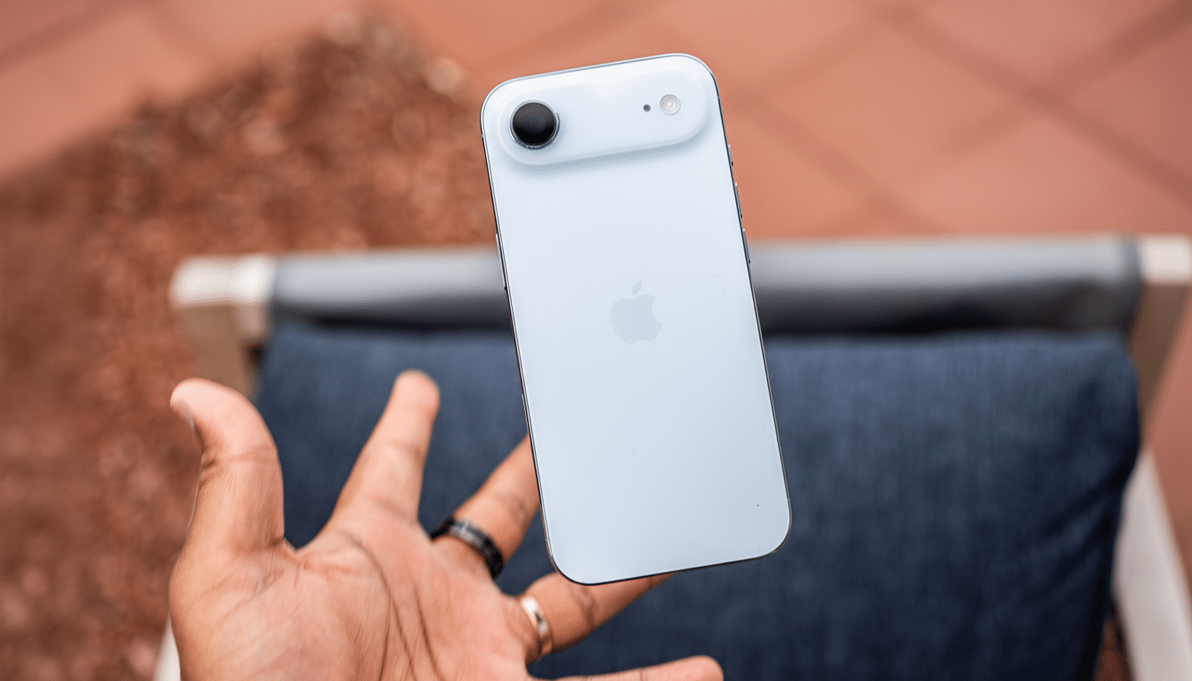 A hand holding a white iPhone 14, with the background consisting of a blurred patio floor and a grey cushion .