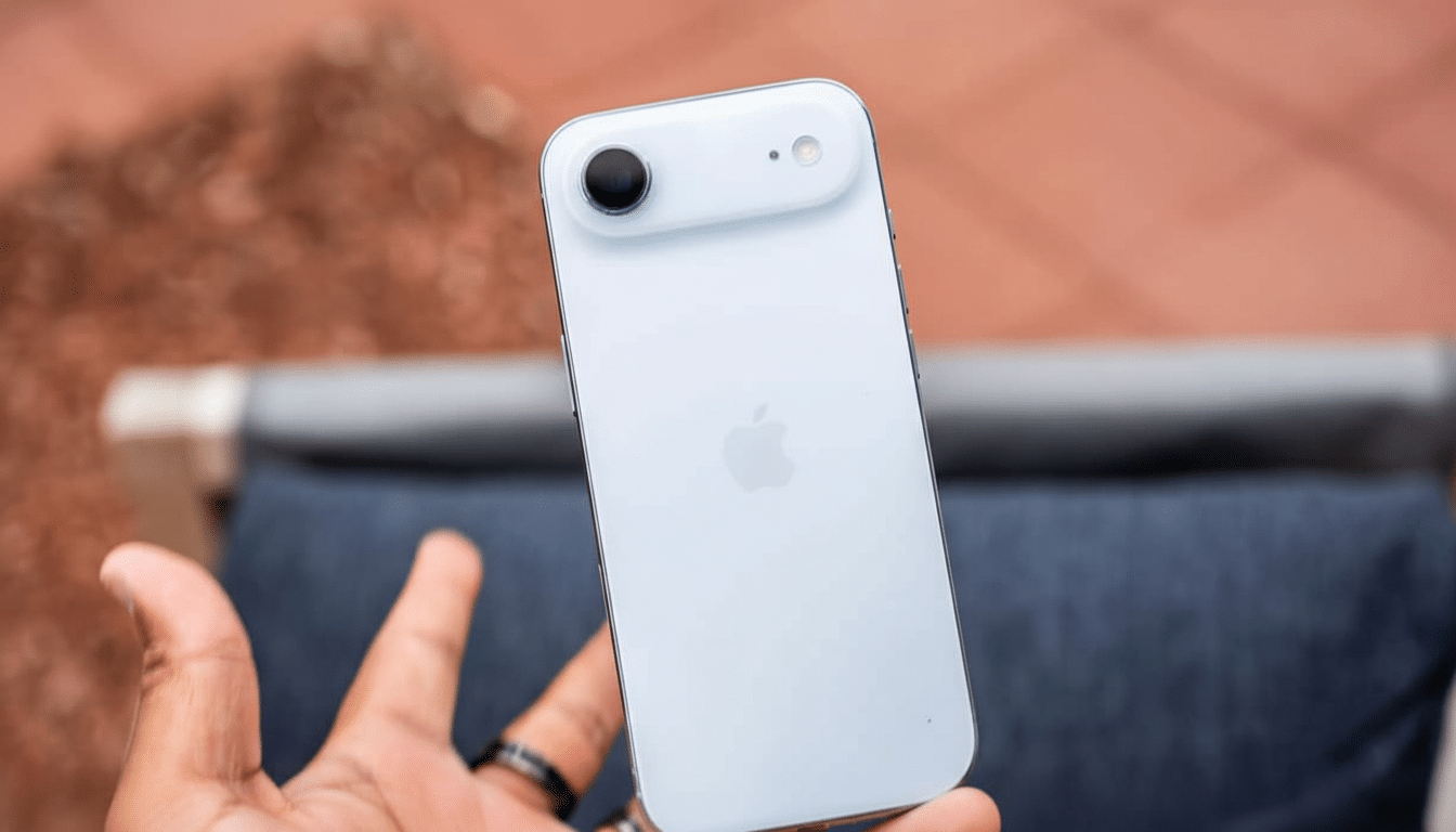 A hand holding a white iPhone SE with the Apple logo visible, against a blurred reddish -brown and blue background.