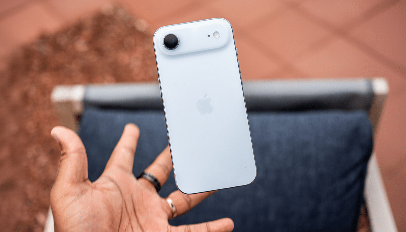 A hand holding a white iPhone 15, with the camera and Apple logo visible on the back, against a blurred outdoor background.