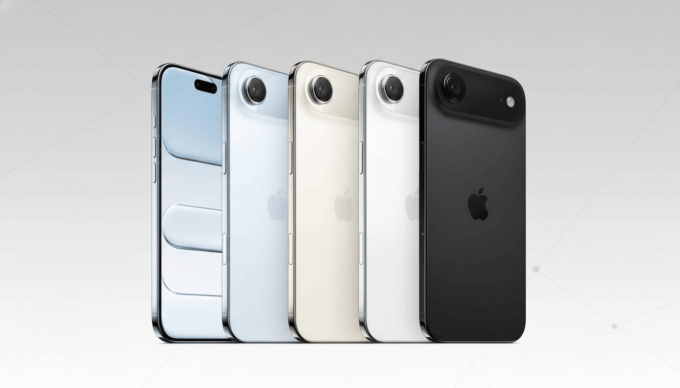 A professional shot of five smartphones in different colors ( blue, light blue, gold, white, and black) lined up on a soft gray background with subtle