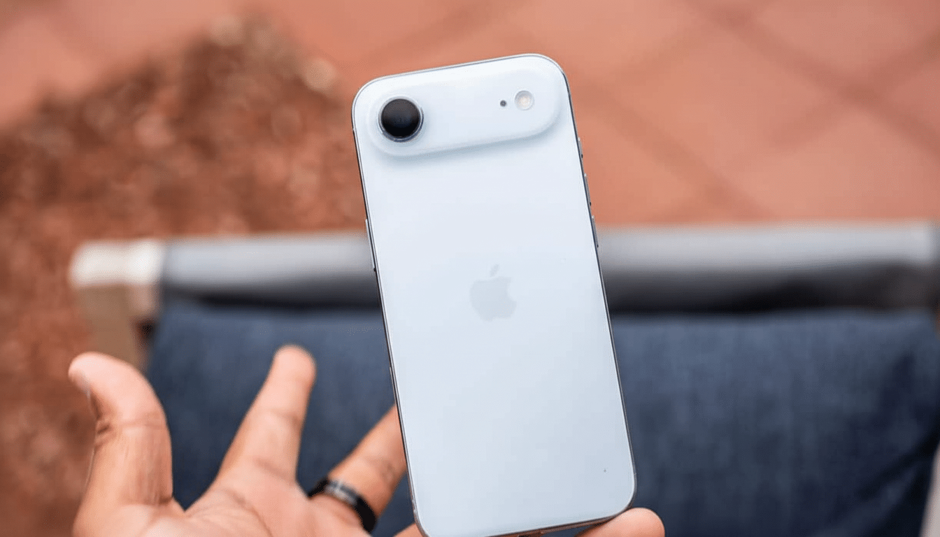 A hand holding a white smartphone with the Apple logo visible on the back, shown against a blurred reddish -brown and blue background.