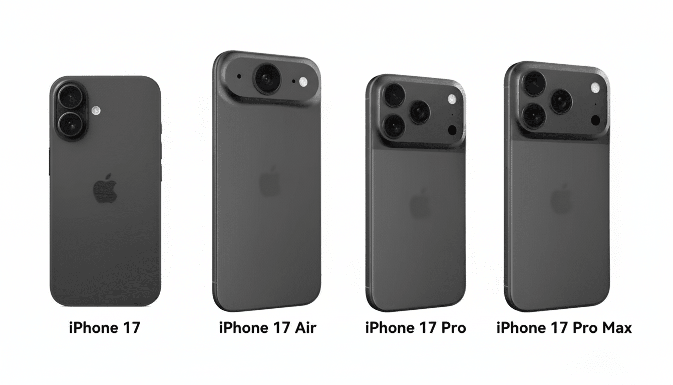 Four dark gray iPhone models ( iPhone 17, iPhone 1 7 Air, iPhone 17 Pro, iPhone 1 7 Pro Max) are displayed in a row, with their backs facing the viewe