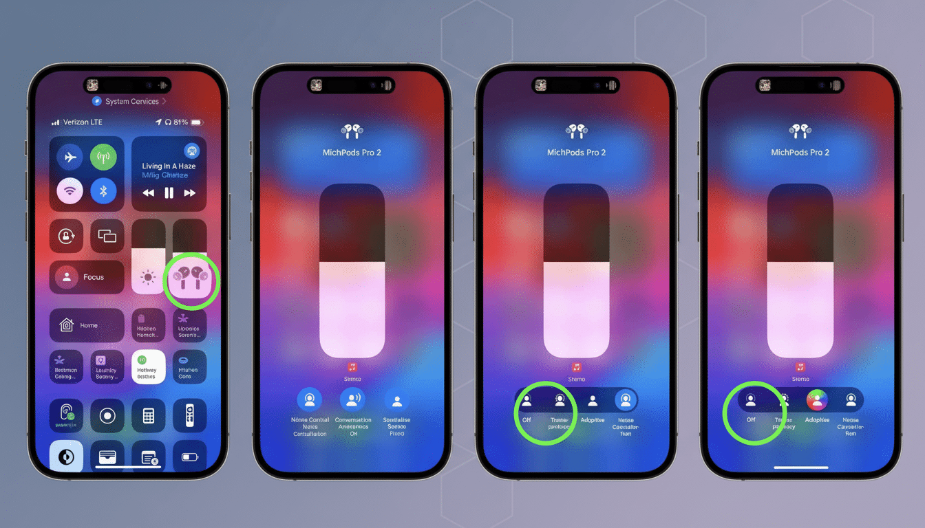 A 16: 9 aspect ratio image showing four iPhone screens side - by-side. The first screen displays the iOS Control Center with smart home options. The s