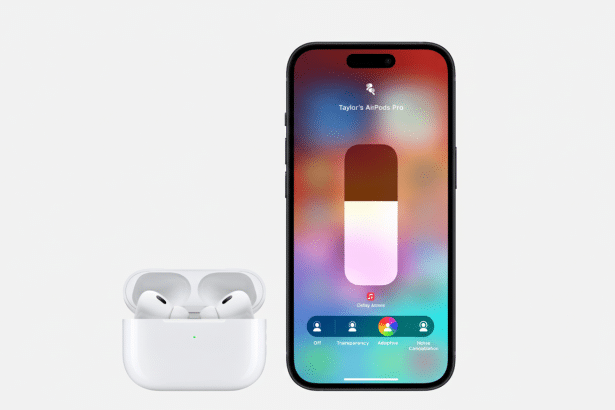 An iPhone displaying AirPods Pro settings next to an open AirPods Pro case.