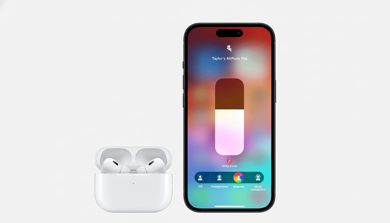 An iPhone displaying AirPods Pro settings next to an open AirPods Pro case.