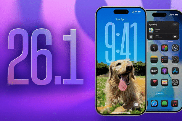 Two iPhones displaying iOS 1 6.1, with one showing a golden retriever on the lock screen and the other showing the home screen with app icons. A large