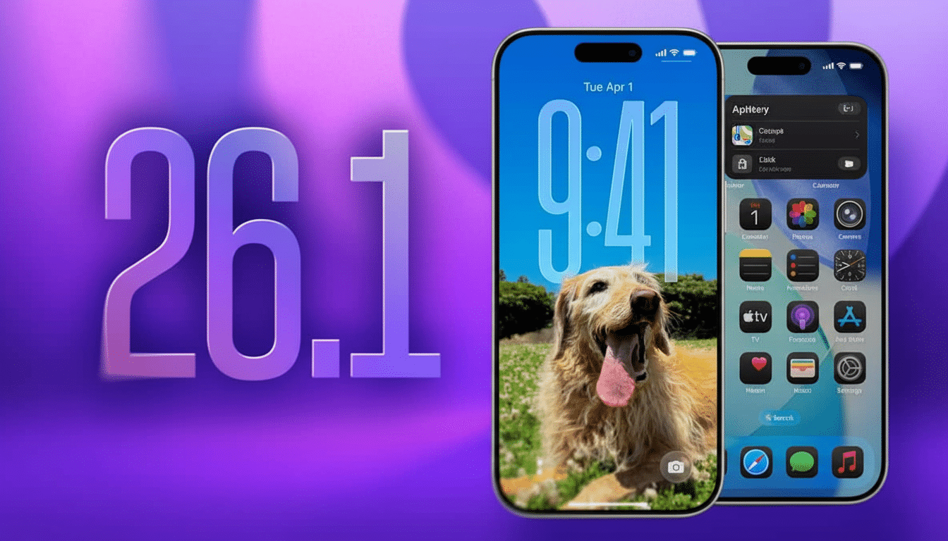 Two iPhones displaying iOS 1 6.1, with one showing a golden retriever on the lock screen and the other showing the home screen with app icons. A large
